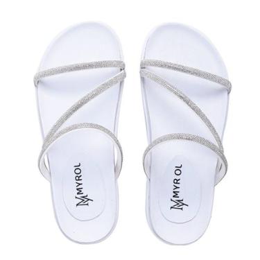Imagem de Sandália Papete Feminina  Conforto De Brilho Myrol Outlet, 37, Branco,
