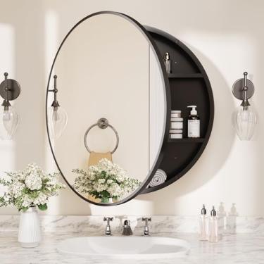 Imagem de TETOTE Espelho de armário de remédios de 61 x 61 cm preto emoldurado redondo espelhado armários de remédios para banheiro prateleiras ajustáveis espelho de banheiro moderno com armazenamento montado