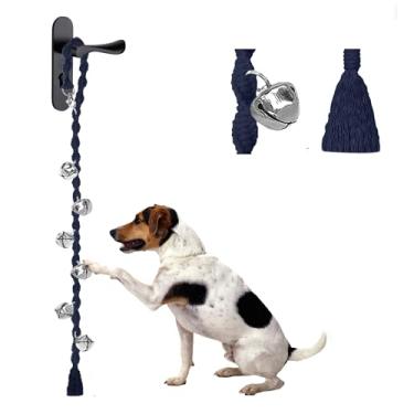 Imagem de GINIDEAR Campainhas para cães para treinamento de penico, sino de cachorro pendurado feito à mão para maçaneta de porta para filhotes tocarem para sair, presente de campainha de cachorro macramê. Azul escuro