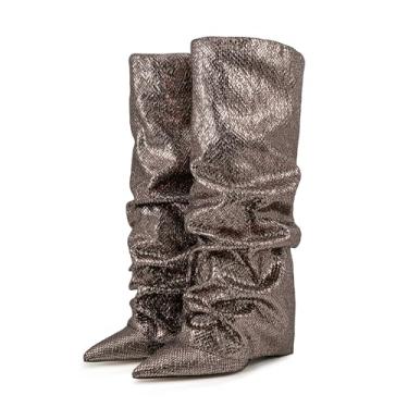 Imagem de Rock88 Botas de cano alto femininas com bico fino, salto bloco de salto alto plissado, botas longas de cor sólida para festas e vida diária, cinza, 38