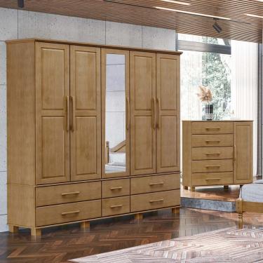 Imagem de Conjunto Quarto: Guarda-Roupa 5 Portas, Cômoda Sapateira 5 Gavetas Freijó Ouro Madeira...