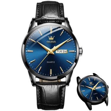 Imagem de Relógio OLEVS Black Faux-Leather Band Quartz para homens, resistente à água