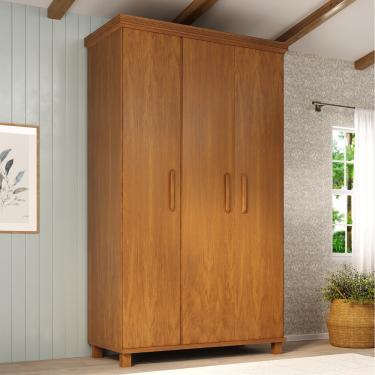 Imagem de Guarda Roupa Solteiro 3 Portas em Madeira Maciça com Pés Ibiza Móveis Nathalia - Mogno Mel