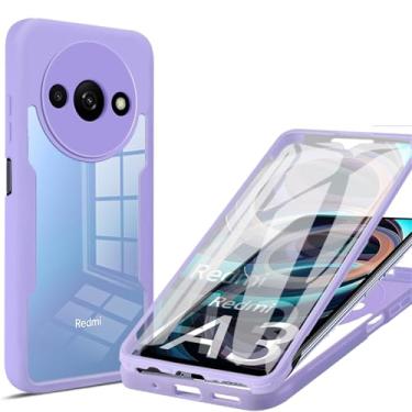 Imagem de CCSamll Capa transparente para Xiaomi Redmi A3 2024 com protetor de tela, capa protetora de corpo inteiro TPU macio resistente à prova de choque capa de telefone para Xiaomi Redmi A3 QC roxa