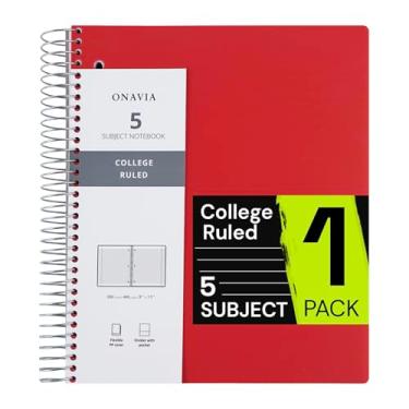 Imagem de ONAVIA Caderno espiral para escola, 5 matérias, papel pautado universitário, 200 folhas, 23 x 28 cm, 5 divisórias com bolsos, 3 furos perfurados, capa de plástico, diário forrado, material escolar,