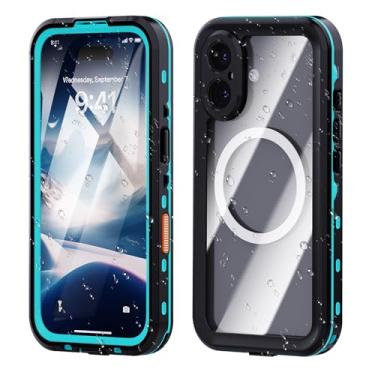 Imagem de hoilgyes Capa transparente à prova d'água para iPhone 16 Plus com proteção de câmera de tela completa – grau militar, resistente, à prova de quedas, carregamento sem fio, lado preto azul-petróleo