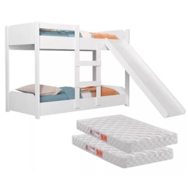 Imagem de Beliche Infantil 100% MDF Transforma-se em Minicama Acompanha Escorregador Grade de Proteção Escada e 2 Colchões de 1,50m Design Seguro e Funcional para Otimizar Espaços (Branco)