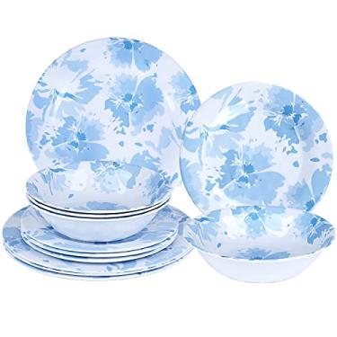 Imagem de Aclema Conjunto de louça de melamina, 12 peças, conjunto de pratos, tigelas inquebráveis para cozinha, jantar, uso interno e externo, para 4 flores azuis