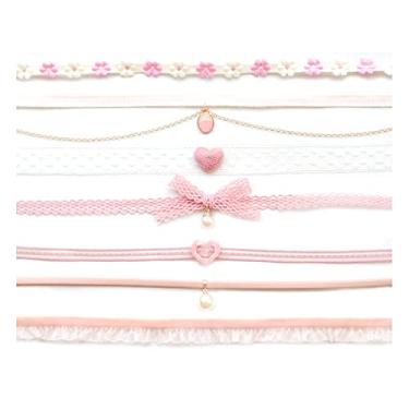 Imagem de Azusa Sun Conjunto de gargantilhas para mulheres, meninas, coração, pingente de flor, veludo, gargantilha de renda, fofo, rosa, verde, margarida, colar, joia de presente, One Size, Metal, Sem Pedra