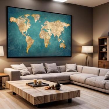 Imagem de Quadro Decorativo com Moldura Sala 90x60 Mapa Mundi Verde Luxo Grande Horizontal