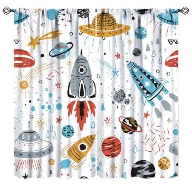 Imagem de Mchenxin Cortinas de foguete espacial infantil, desenho animado foguetes planetas estrelas cometas universo aventura impressão janela tratamentos para meninos quarto sala de estar, 107 x 114 cm (sem