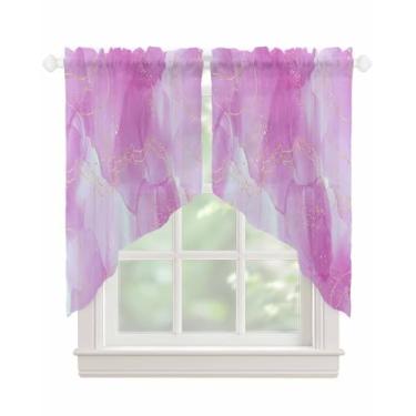 Imagem de Cortinas de mármore roxo para janelas linhas douradas modernas semitransparentes cortinas abstratas de voile ombré roxo swags topper cortina para cozinha, sala de estar, quarto, 2 painéis, 91 x 91 cm