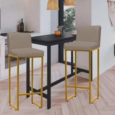 Imagem de Kit 02 Banqueta Alta Com Encosto Lucca -60cm chão até o assento Industrial Ferro Dourado Corino Bege - Ahazzo Móveis