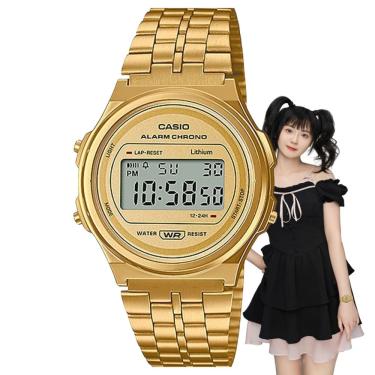 Imagem de Relógio de Pulso Casio Feminino Digital Vintage Retrô Moderno Fashion Prova Dagua aço Inox Resina Casual Dourado A171WEG-9ADF