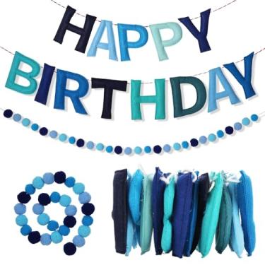 Imagem de 2 peças de faixa de feliz aniversário pré-amarrada de 2 peças - guirlanda de bola de feltro - guirlanda de festa de feliz aniversário azul para decoração de parede