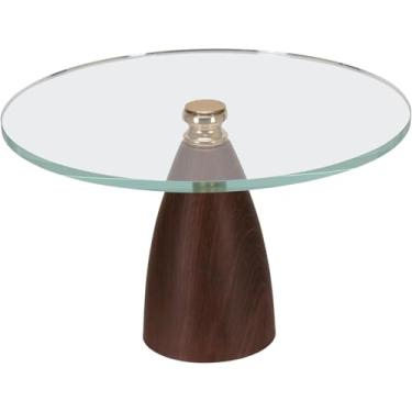 Imagem de PRATO PARA DOCES REDONDO HOME&CO COM BASE EM METAL COR DE MADEIRA VIDRO 19x30x30cm TRANSPARENTE