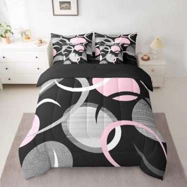 Imagem de Feelyou Conjunto de cama de arte abstrata para crianças, meninos, meninas, solteiro, rosa, cinza, preto, 7 peças, cama geométrica ultramacia em uma bolsa com edredom, lençóis, fronhas, decoração