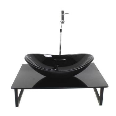 Imagem de Kit Cuba Vidro Oval 10Mm Tampo 50Cm Preto Full E Suporte - Cubas E Gab