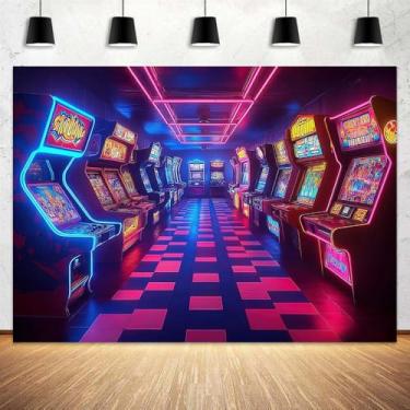 Imagem de Pano de fundo retrô de 3 x 2,4 m, faixa de estúdio de videogame, para fotografia, adolescentes, crianças, sala de jogos, decoração de parede dos anos 80, jogos de fliperama, artigos de decoração de