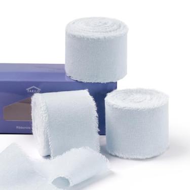 Imagem de FAKILO Fita de algodão rústico natural com borda desgastada, fita 100% algodão azul claro 3,8 cm x 18 m para buquês de casamento vintage, convites, chá de bebê, embrulho de presente, artesanato DIY