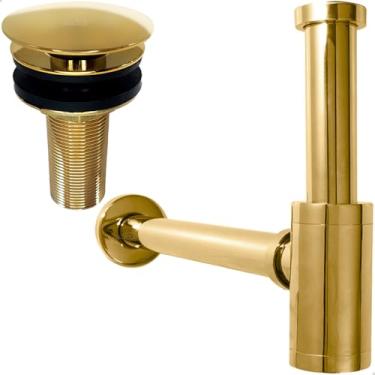 Imagem de Dona D Cor, Kit Sifão Copo Dourado Metal 7/8 Pol E Válvula Click 30mm Ralo De Pia Kit Banheiro Gold Brilhoso Lavatório Ralo Inox Cuba Aparente Lavabo