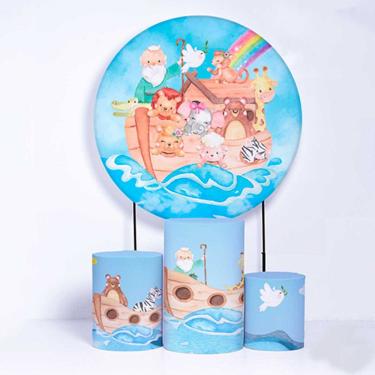 Imagem de Kit Painel de Festa Redondo de 1,50m e Trio de Cilindros Arca de Noé - Fera Print