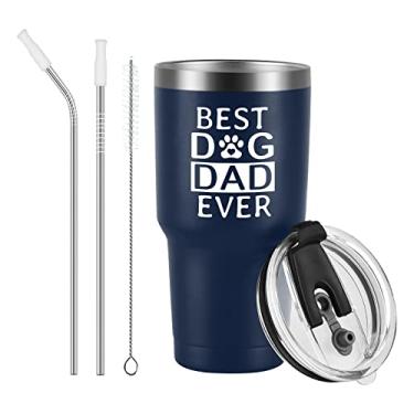 Imagem de Qtencas Presente para o pai, Best Dog Dad Ever Copo de viagem isolado de aço inoxidável, presente de dia dos pais para o papai ser novo pai pai pai de filha filhos, presentes de pai de cachorro, presentes de Natal para pai (850 g, azul escuro)