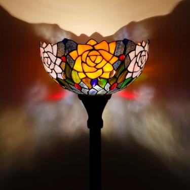 Imagem de AVIVADIRECT Tiffany Torchiere Luminária De Chão Vitral Laranja Vermelho Rosa Estilo Flor Canto Tocha Uplight 12X12X72 Polegadas Para Quarto Sala De Estar Escritório Em Casa