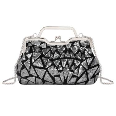 Imagem de Naimo Bolsa feminina de lantejoulas para noite Kiss Lock, alça superior, bolsa de ombro com corrente, Cinza