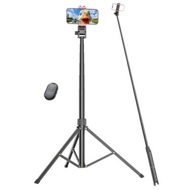 Imagem de Pnitri Suporte de tripé de telefone de 86 polegadas, suporte extensível de alumínio reforçado com controle remoto sem fio, tripé estável para celular compatível com smartphone iPhone 15/14/13 Galaxy.