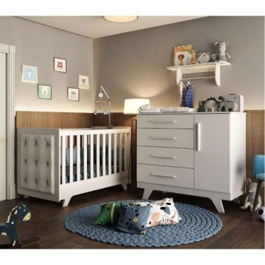 Imagem de Conjunto Para Quarto De Bebê Com Cômoda De Bebê Berço Com Capitone E Prateleira Retrô Móveis Peroba Branco