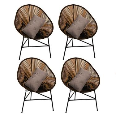 Imagem de Kit 04 Poltrona Cadeira Acapulco Sala Jardim Varanda Marrom Com Almofada Quadrada Corino Bege