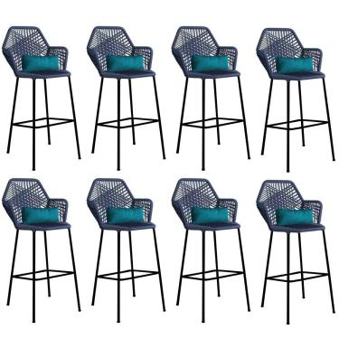 Imagem de Kit 08 Banqueta Alta Sttar Ferro Preto Fibra Azul Marinho Almofada Suede Azul Turquesa