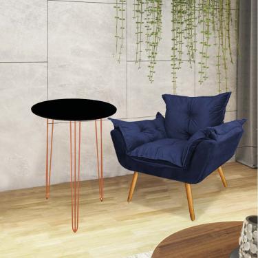 Imagem de Kit Poltrona Opala Com Mesa Roma Ferro Bronze Tampo Redondo Preto Suede Azul Marinho - Amey Decor