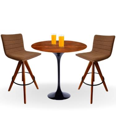 Imagem de Conjunto Mesa Bistrô Saarinen 70 Cm Tampo Pau Ferro Base Altura 105 Cm Preta + 2 Banquetas Cercatto Giratória Cor Marrom