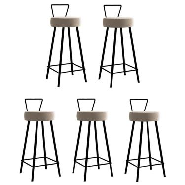 Imagem de Kit 05 Banqueta Alta Encosto Tays Eiffel Cozinha Bistrô Ferro Preto Sintético Bege Amey Decor