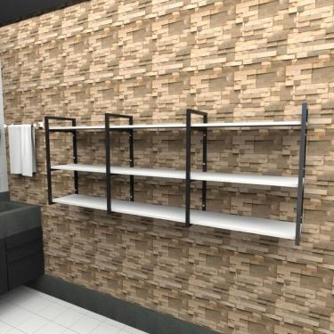 Imagem de Estante Nicho Industrial Banheiro Prateleira Branca Prateleira Industrial Prateleira Ferro Madeira