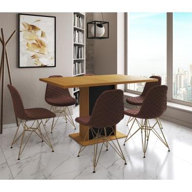 Imagem de Mesa Jantar Londres Retangular Canela 137X90 Base Preta 6 Cadeiras Estofadas Caramelo Base Dourado