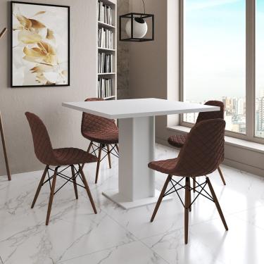 Imagem de Mesa Jantar Londres Quadrada Branca 90Cm 4 Cadeiras Eames Estofadas Caramelo Madeira