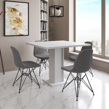 Imagem de Mesa Jantar Londres Quadrada Branca 90Cm 4 Cadeiras Estofadas Grafite Eames Ferro Preto