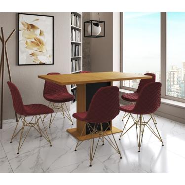 Imagem de Mesa Jantar Londres Retangular Canela 137X90 Base Preta 6 Cadeiras Estofadas Vermelho Base Dourado