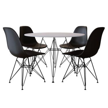 Imagem de Mesa De Jantar Com 4 Cadeiras Pretas Eames Eiffel Tampo Redondo Branco 90Cm Base De Ferro Preto