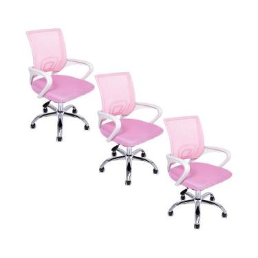 Imagem de Kit 3 Cadeiras De Escritório Begonia Tela Mesh Ergonômico Rosa - Ofici