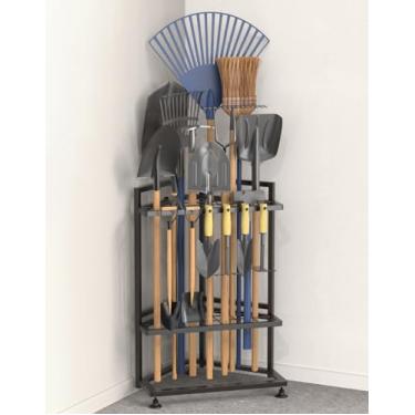 Imagem de Lovind Organizador de ferramentas de jardim para canto, organizador de ferramentas de metal para ferramentas de cabo longo, ancinhos/vassouras, bolso lateral de jardim, rack de armazenamento de