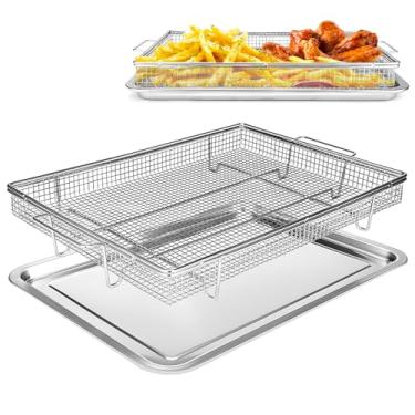 Imagem de Cesta de fritadeira de ar atualizada para forno, 2 peças de 38 x 28 cm, bandeja grande de fritadeira a ar de aço inoxidável, bandeja de fritadeira a ar e bandeja para cozinhar no forno, assar e
