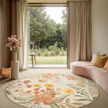 Imagem de jinchan Tapete de área floral redondo de verão de 2,1 m para sala de estar - Tapete de flores lavável macio antiderrapante círculo 2,8 m tapete redondo para sala de jantar, quarto, casa, escritório