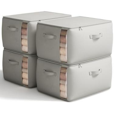 Imagem de Vailando Grandes bolsas de armazenamento de lona organizador de armário para roupas, suéter, organizador de roupas com zíper duplo, três alças de transporte para cobertor, recipiente de armazenamento