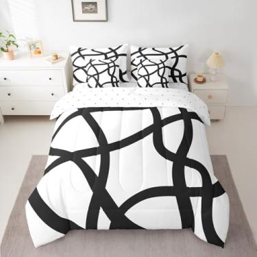 Imagem de Feelyou Conjunto de cama listrado branco escuro preto 7 peças conjunto de edredom abstrato com conjunto de lençóis, fronhas e fronhas tamanho solteiro geométrico respirável microfibra macia