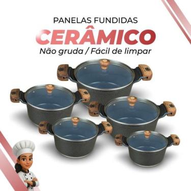 Imagem de Jogo De Panelas Cerâmica Cinza Antiaderente 5 Peças Preto Tampa De Vid