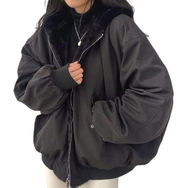 Imagem de Jaqueta Casaco Feminino Em Ambos Os Lados Parka Com Capuz De Pele Forrado De Lã Quente Casaco Dupla Face Jaqueta Ao Ar Livre, Black, XXL